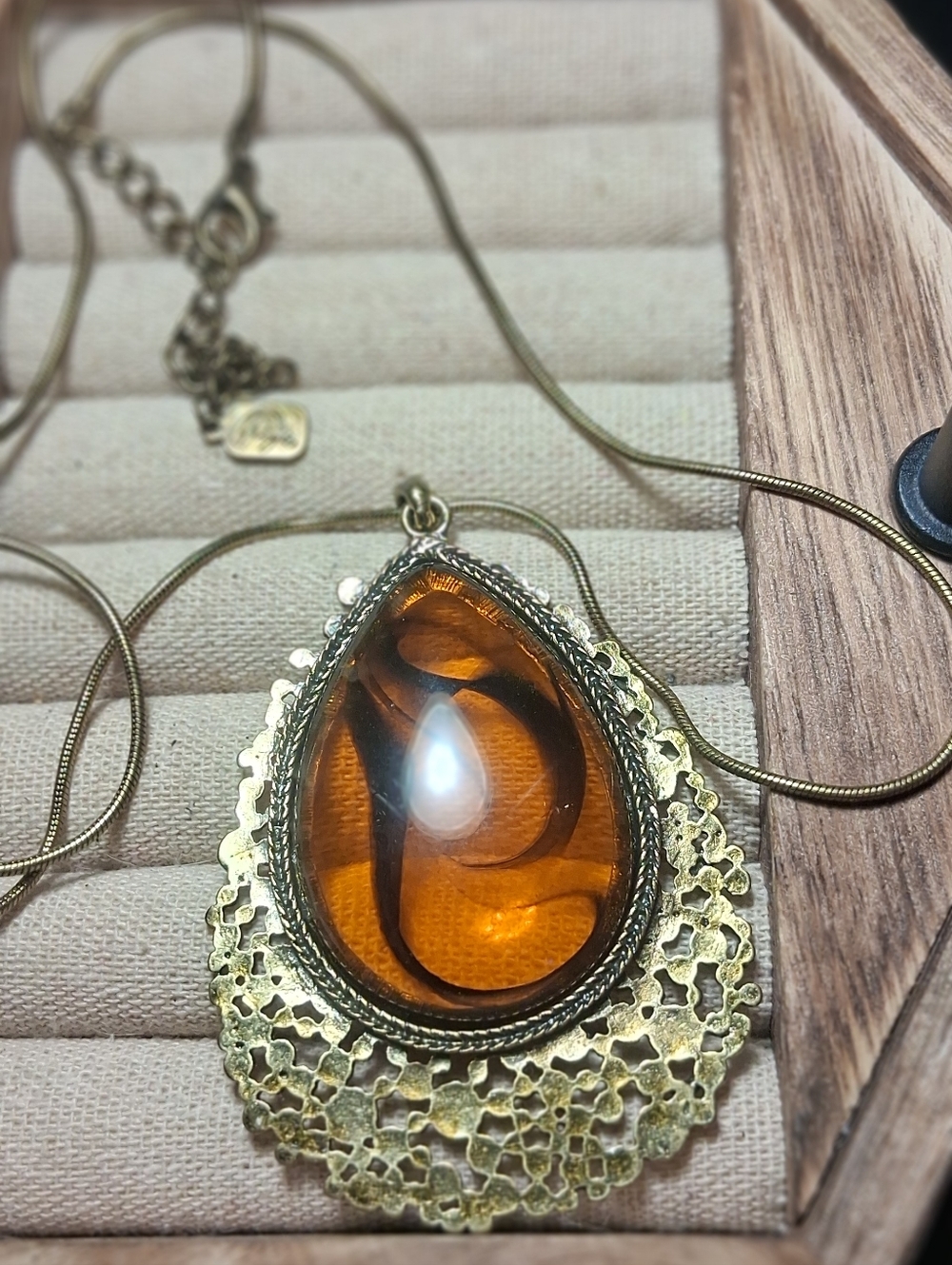 Gold-Tone Amber Teardrop Pendant Necklace - Unbranded